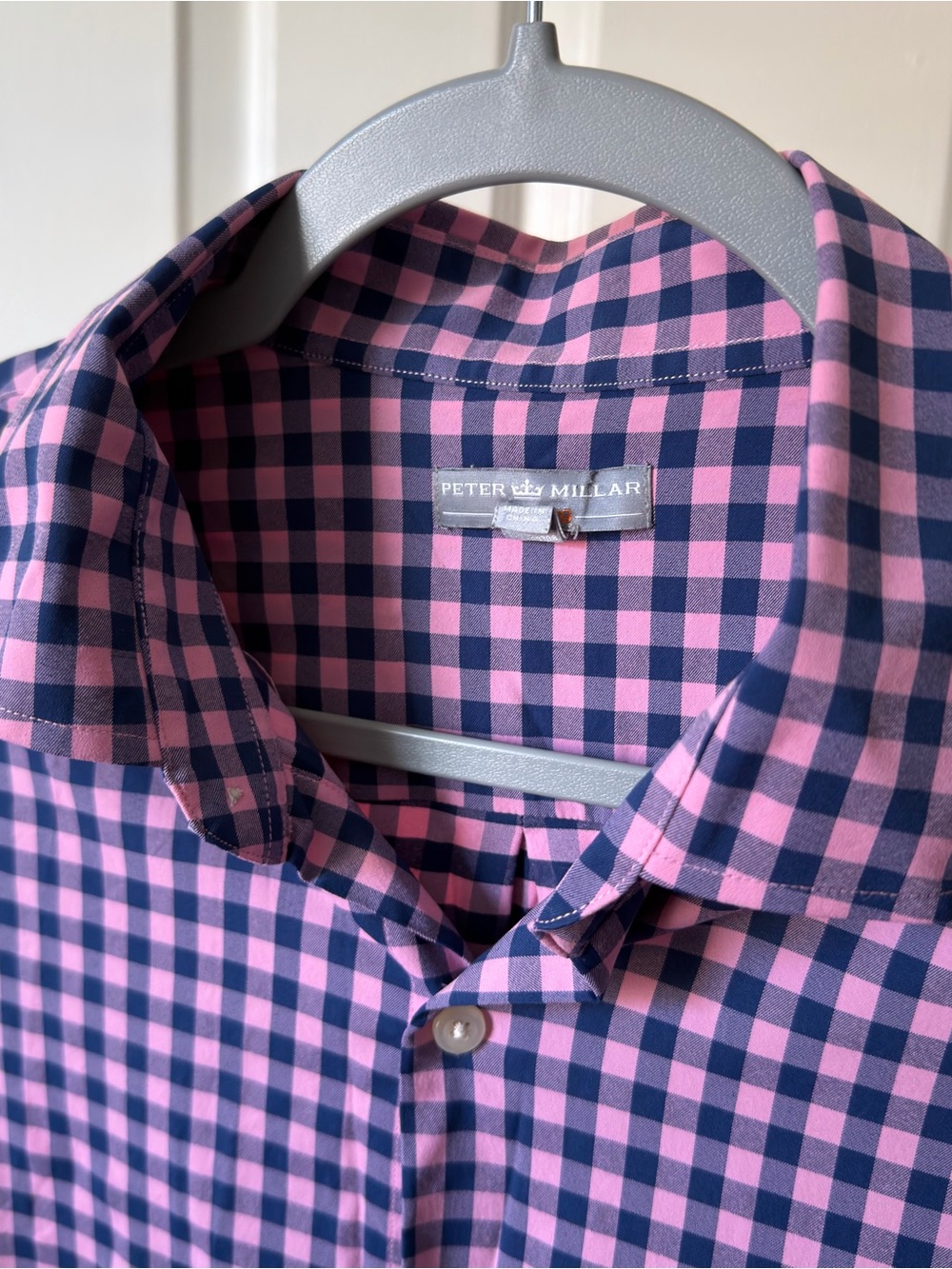 Peter Millar Pink and Navy Check “Wicking” Cotton Button-Down Shirt